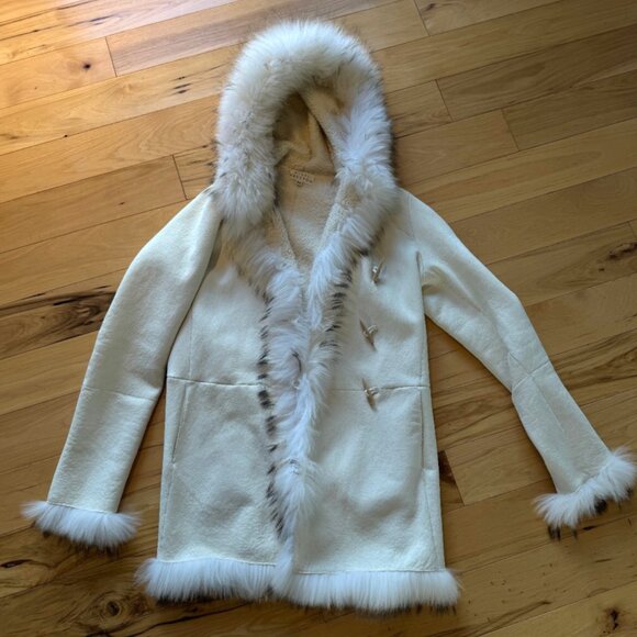 Nigel Preston & Knight White Suede Leather Sheepskin Hooded Fur Coat Shearling - Picture 4 of 9